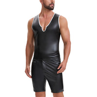Men's Shiny Soft Matte Leather Tank Tops, Sexy V-Neck Color Block Vest, Casual Slim Fit Stretch T-Shirt Clubwear