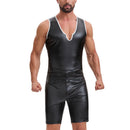 Men's Shiny Soft Matte Leather Tank Tops, Sexy V-Neck Color Block Vest, Casual Slim Fit Stretch T-Shirt Clubwear