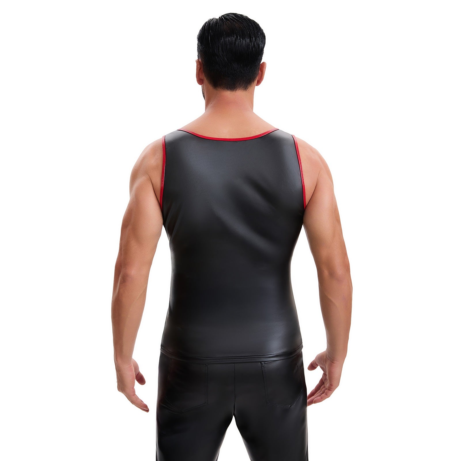 Mens Soft Stretch Leather Cropped Vest, Color Block Slim Fit Tank Top, Sexy Scoop Neck Cami Undershirt