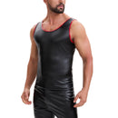 Mens Soft Stretch Leather Cropped Vest, Color Block Slim Fit Tank Top, Sexy Scoop Neck Cami Undershirt
