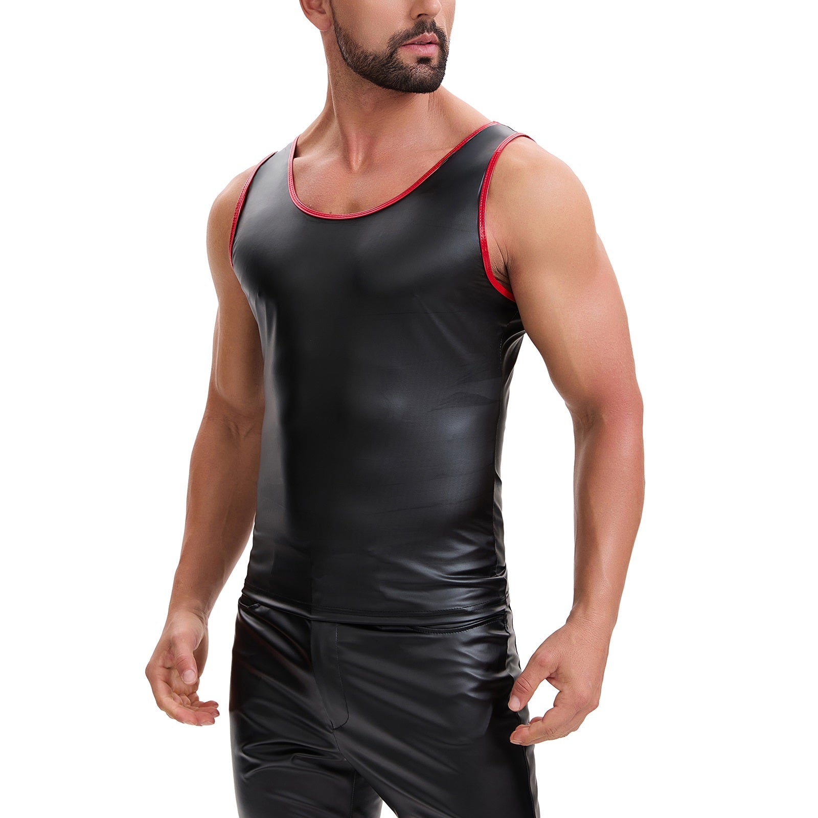 Mens Soft Stretch Leather Cropped Vest, Color Block Slim Fit Tank Top, Sexy Scoop Neck Cami Undershirt
