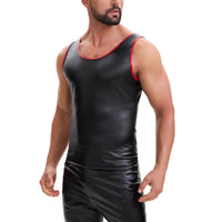 Mens Soft Stretch Leather Cropped Vest, Color Block Slim Fit Tank Top, Sexy Scoop Neck Cami Undershirt