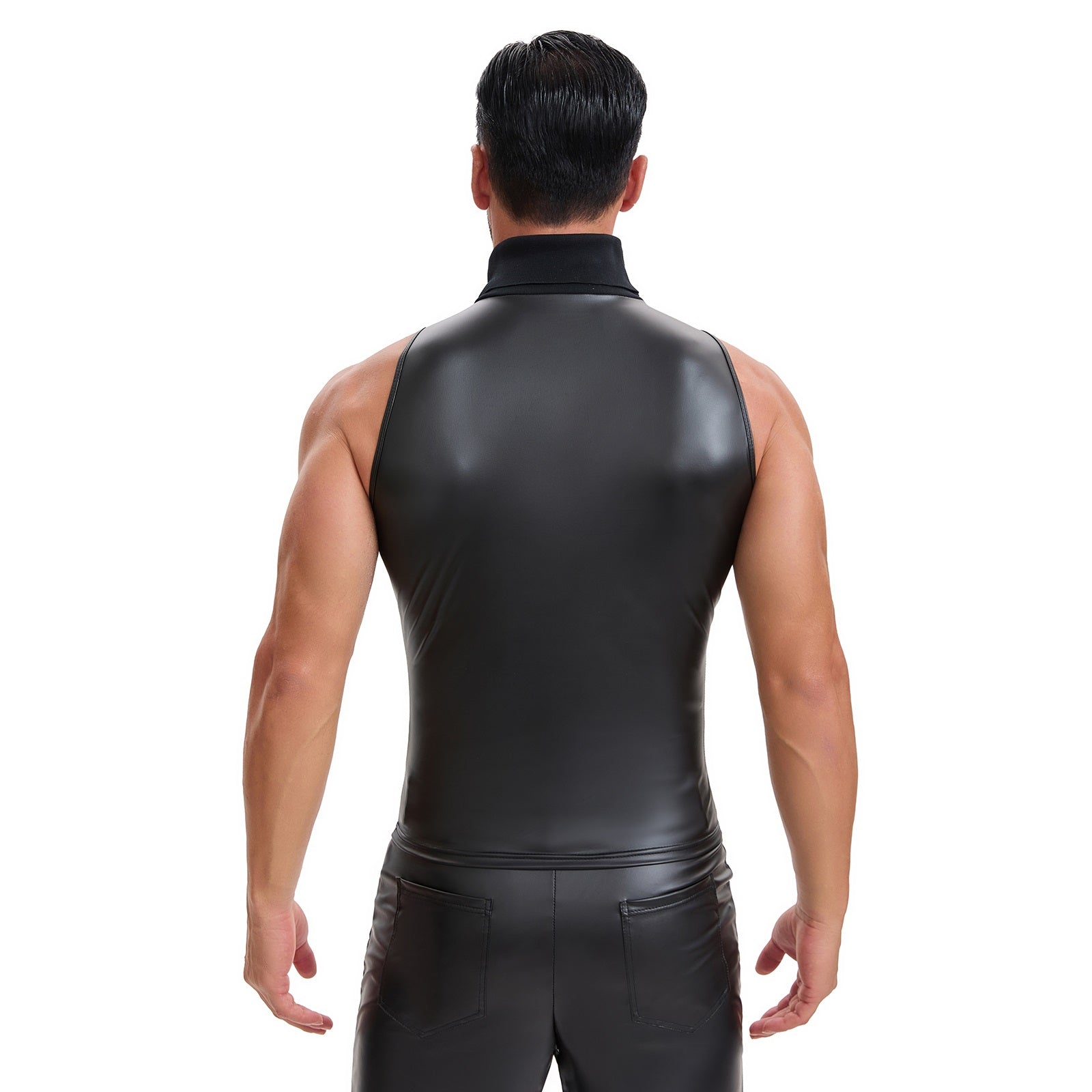 Soft Leather Turtleneck Tank Top Men Sexy Mock Neck Solid Stretch Vest Slim Fit Pullover T-Shirt Sleeveless
