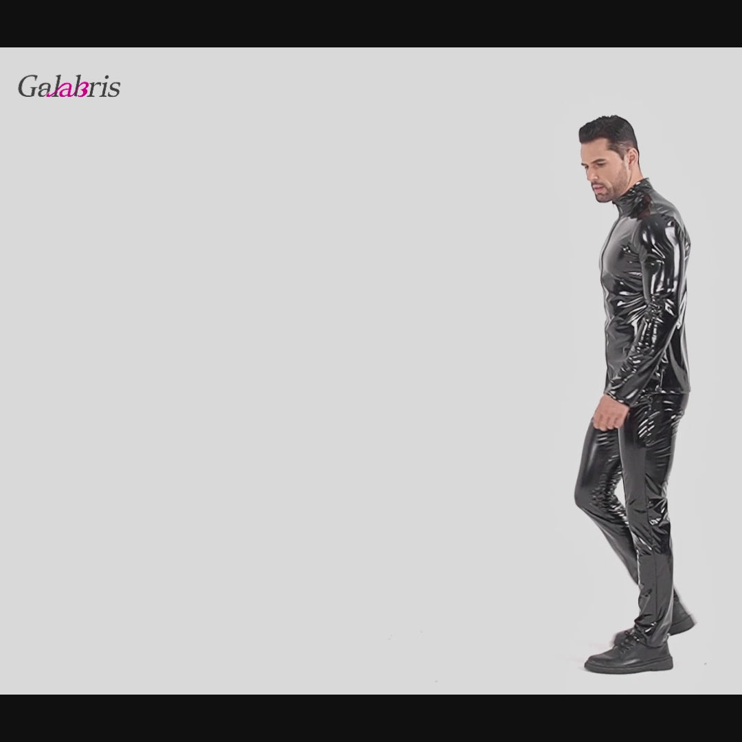 Galabris Men’s Faux Leather Full-zip Jacket Shiny Slim Fit Stretch Top-260
