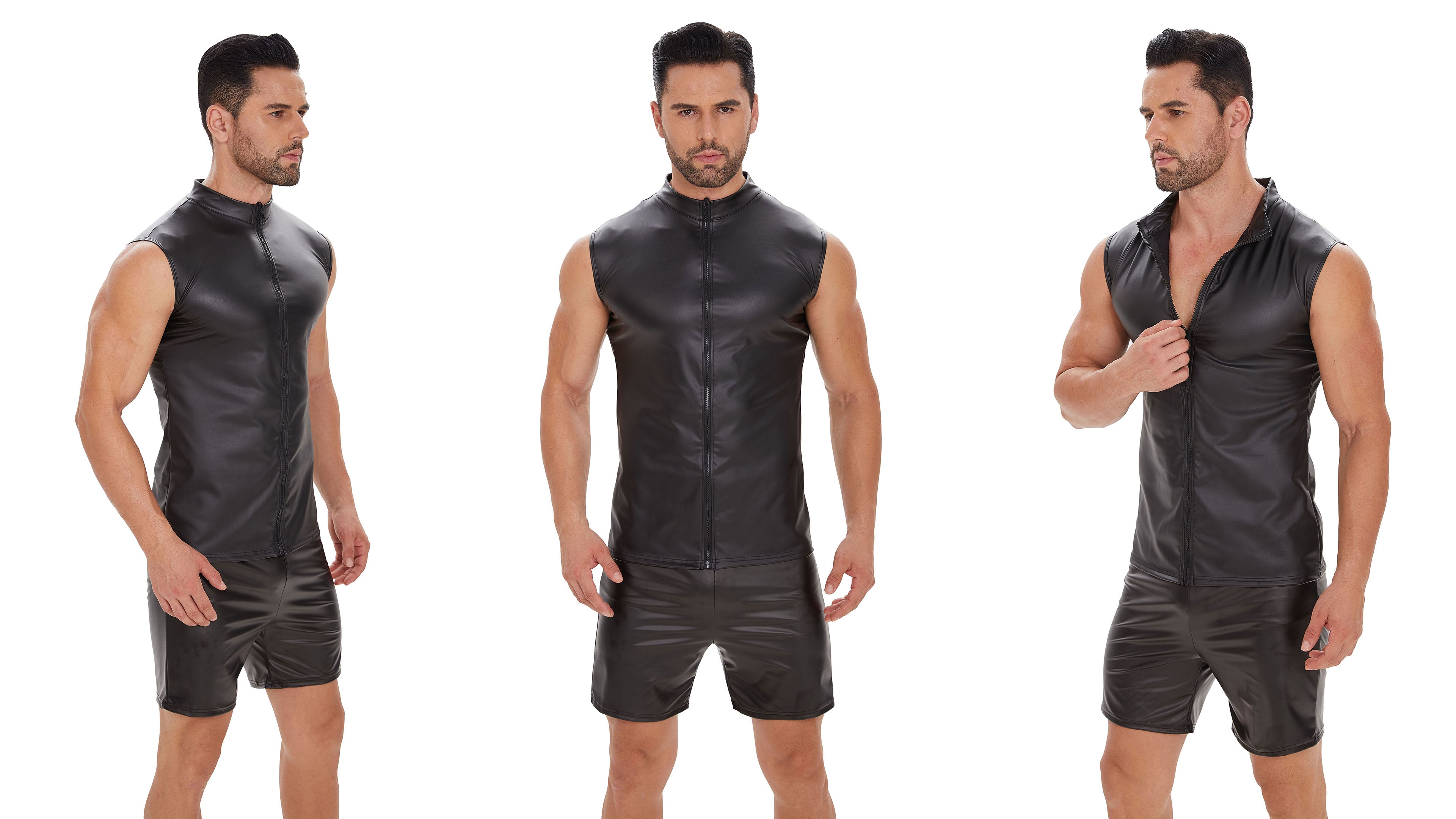 Galabris Men's Soft Matte Leather Tank Top Full Zipper Slim Fitted Shirt-240